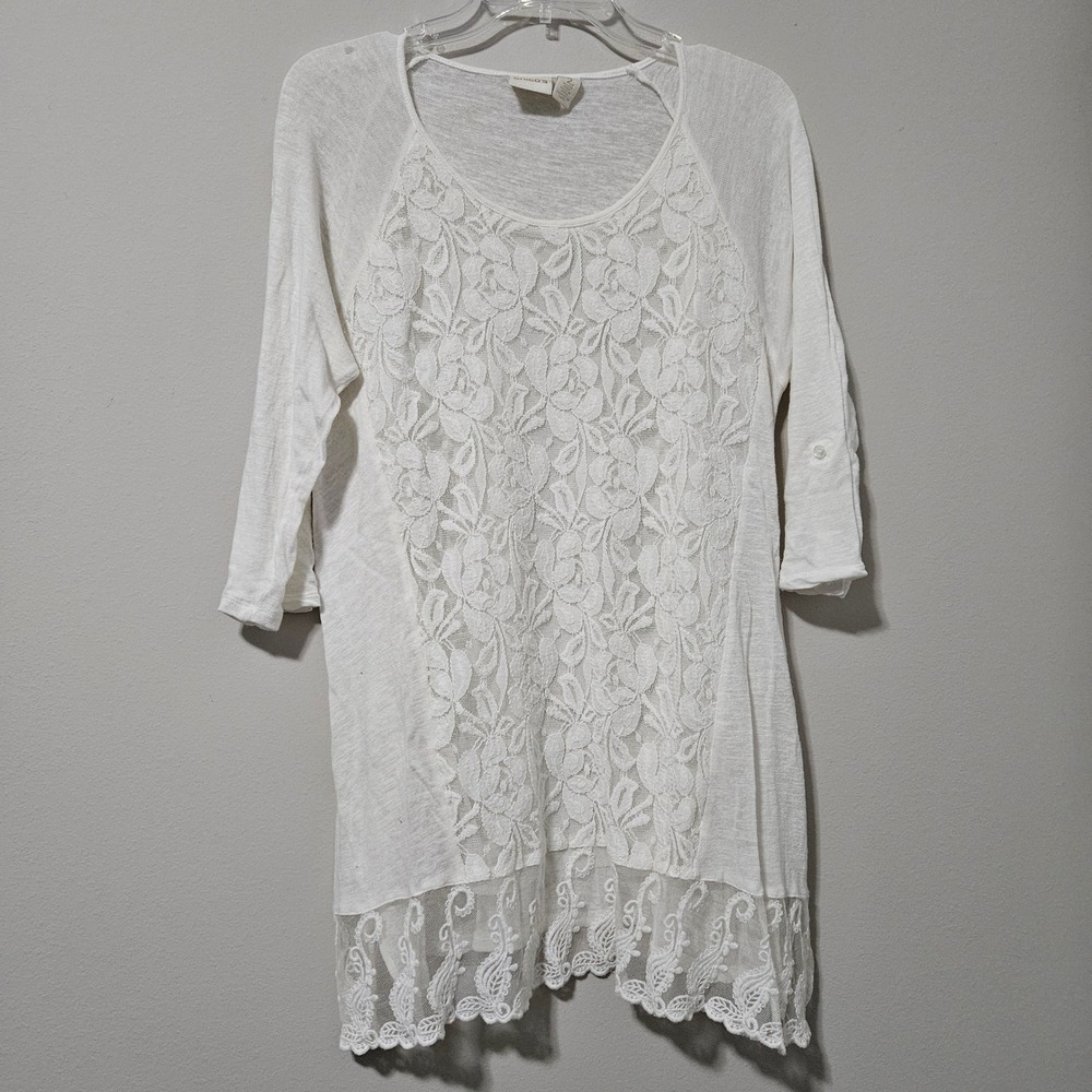 Chico's White Lace Front Linen Blend Knit Tunic Top 3/4 Sleeve Size 2 Large